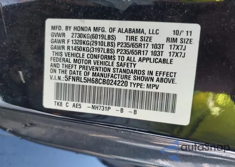 2012 Honda Odyssey Ex-L z USA, uszkodzony, nr VIN 5FNRL5H68CB024220